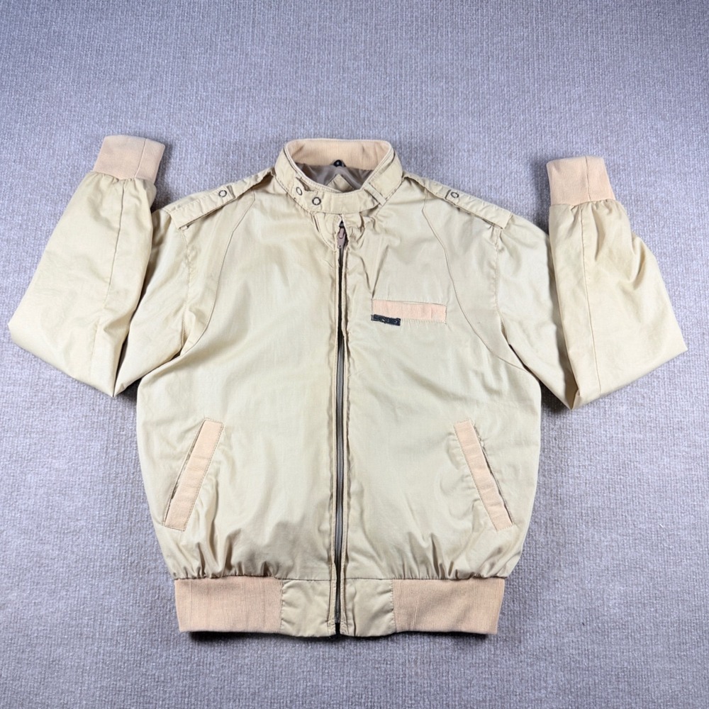 Vintage Members Only Racer Jacket Tan Beige Mens Bomber Zip Up Epaulettes L